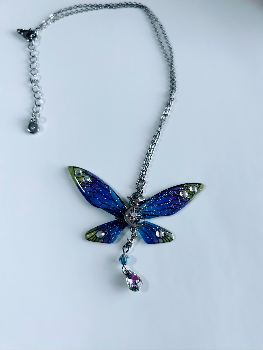 Blue Purple Butterfly Pendant Necklace | Fairycore Rhinestone Crystal Drop